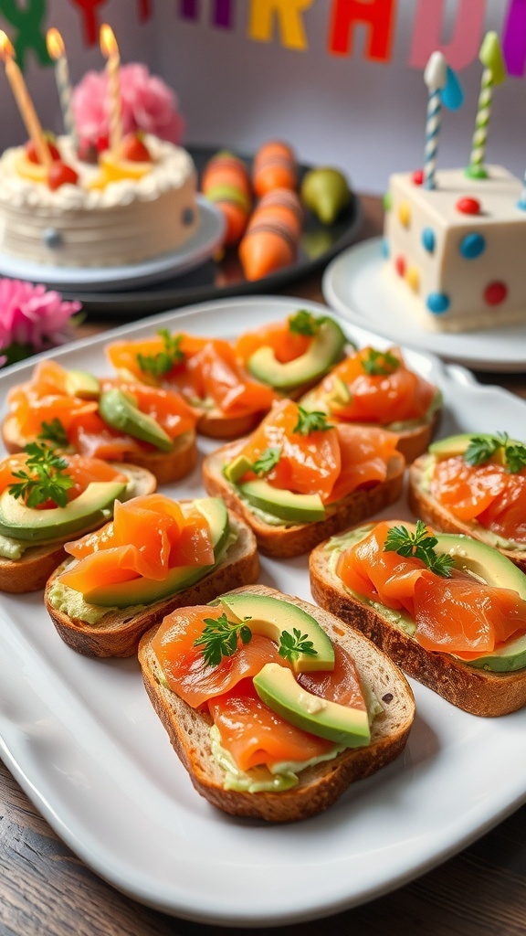 Coastal birthday toasts with avocado and smoked salmon on a festive platter.